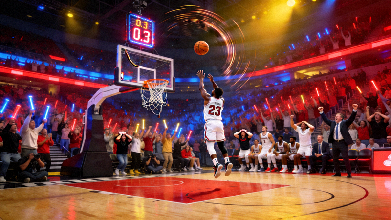 篮球比赛中一记压哨绝杀三分球后全场沸腾的场景